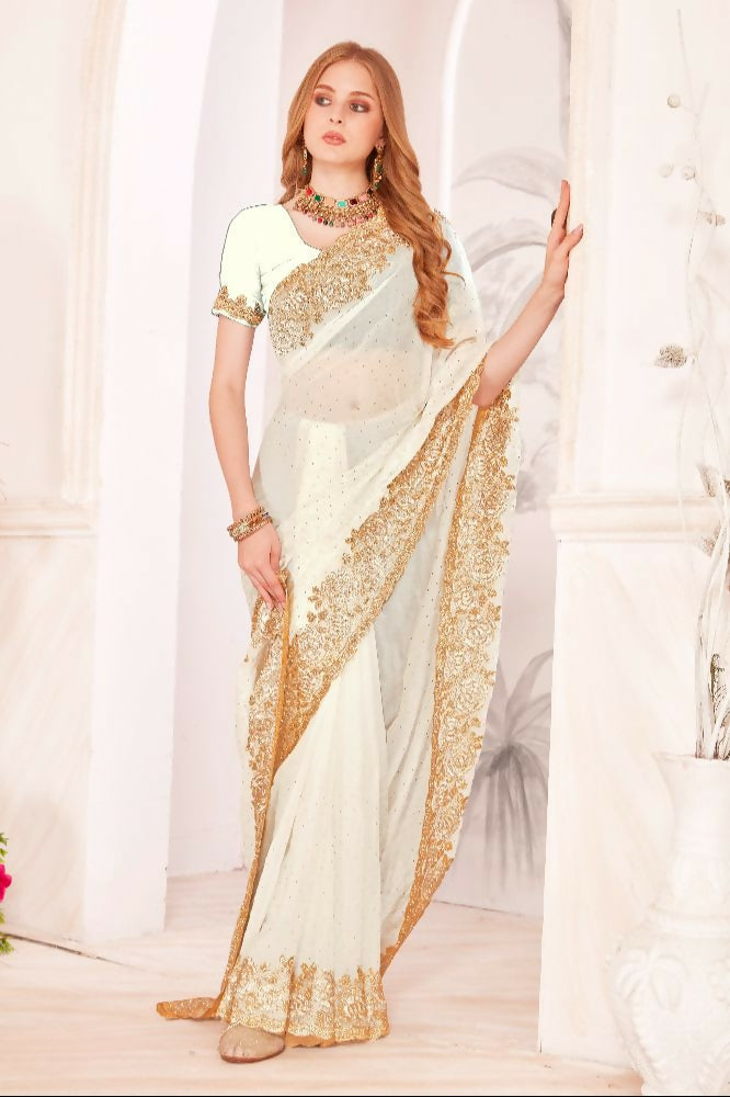 PR Fashion White Fendi Two Tone Silk Heavy Zari & Resham Embroidery Work With Heavy Zircon Work Saree