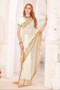 PR Fashion White Fendi Two Tone Silk Heavy Zari & Resham Embroidery Work With Heavy Zircon Work Saree