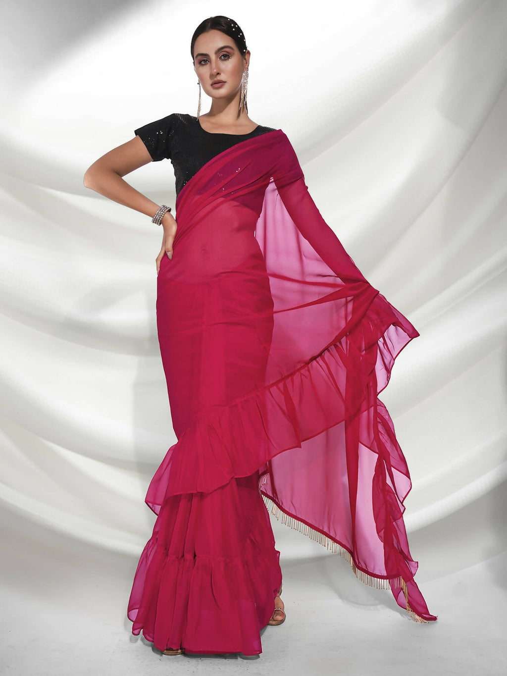 Pink Organza Solid Saree With Unstitched Blouse Piece - Shanaya