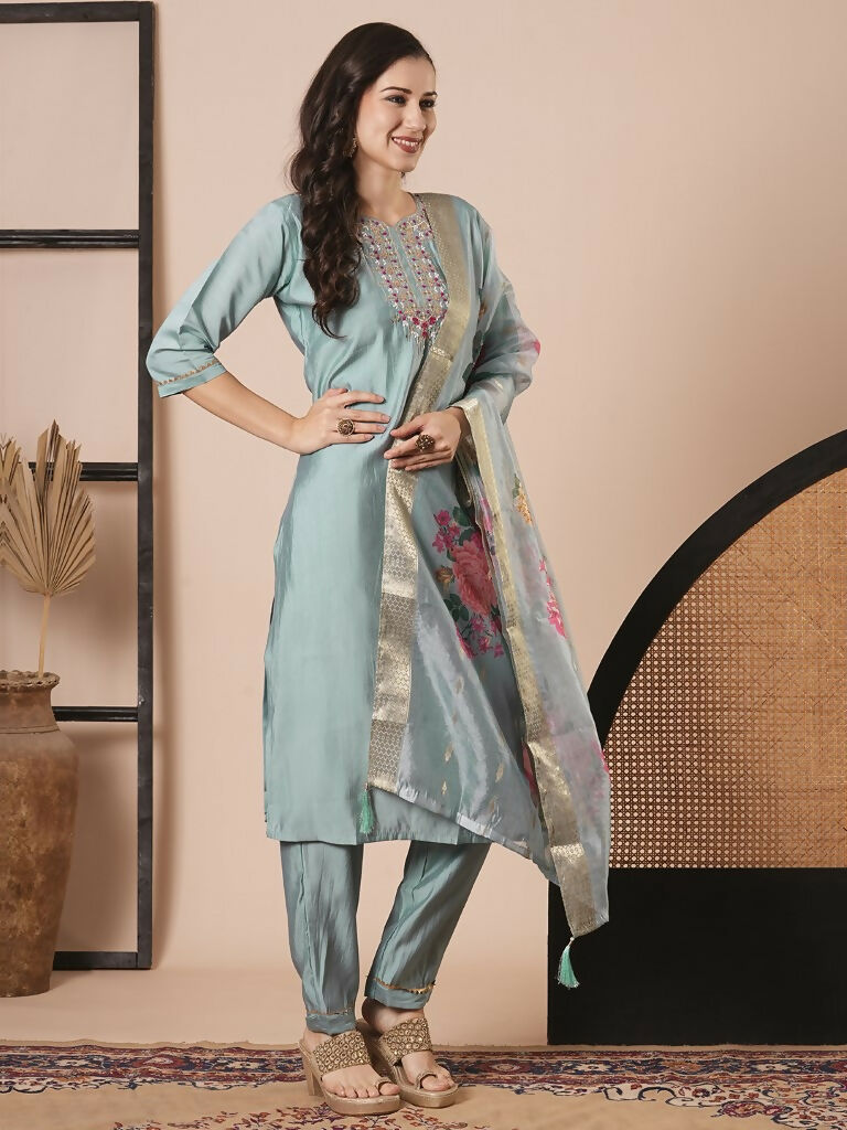 Sky Blue Viscose Chanderi Embroidery Work Kurta Set - Riya