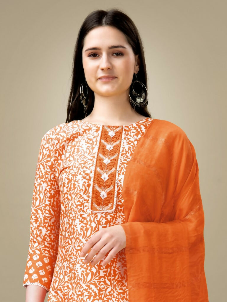 Jyoti Fashion Women's Orange Rayon Embroidery & Sequence work Kurta with Trouser & Dupatta
