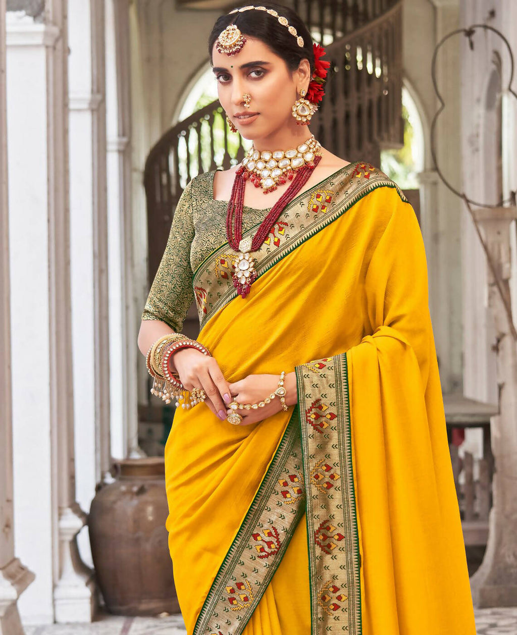 Mustard Vichitra Solid Saree With Unstitched Blouse Piece - Juhi