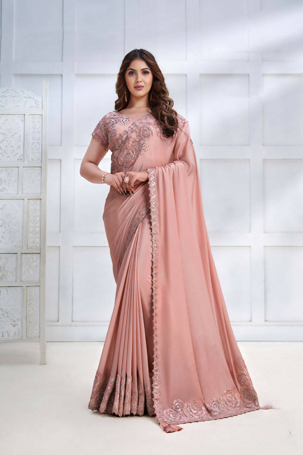 Peach Pure Crepe Georgette Cord & Sequence Embroidered with Stone work Saree - Mohmanthan Majestica