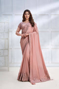 Peach Pure Crepe Georgette Cord & Sequence Embroidered with Stone work Saree - Mohmanthan Majestica