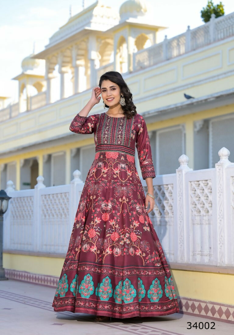 Partywear Designer Maroon Dola Silk Anarkali suit with Dupatta - Suzen