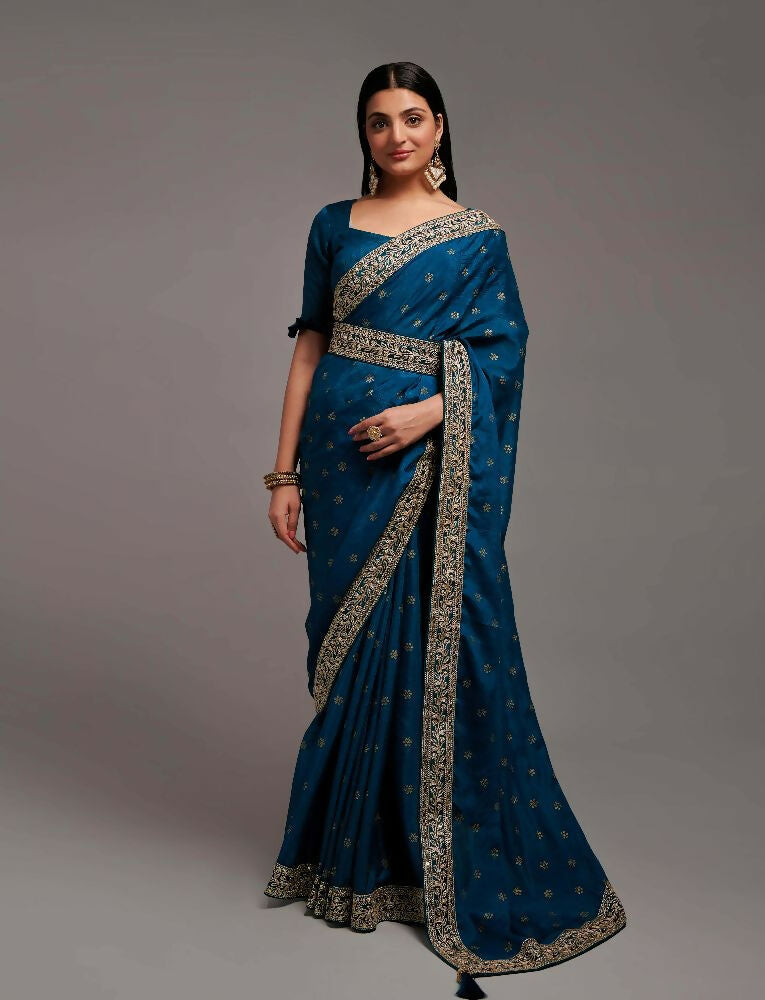 PR Fashion Petrol Chinon Embroidery Lace Saree