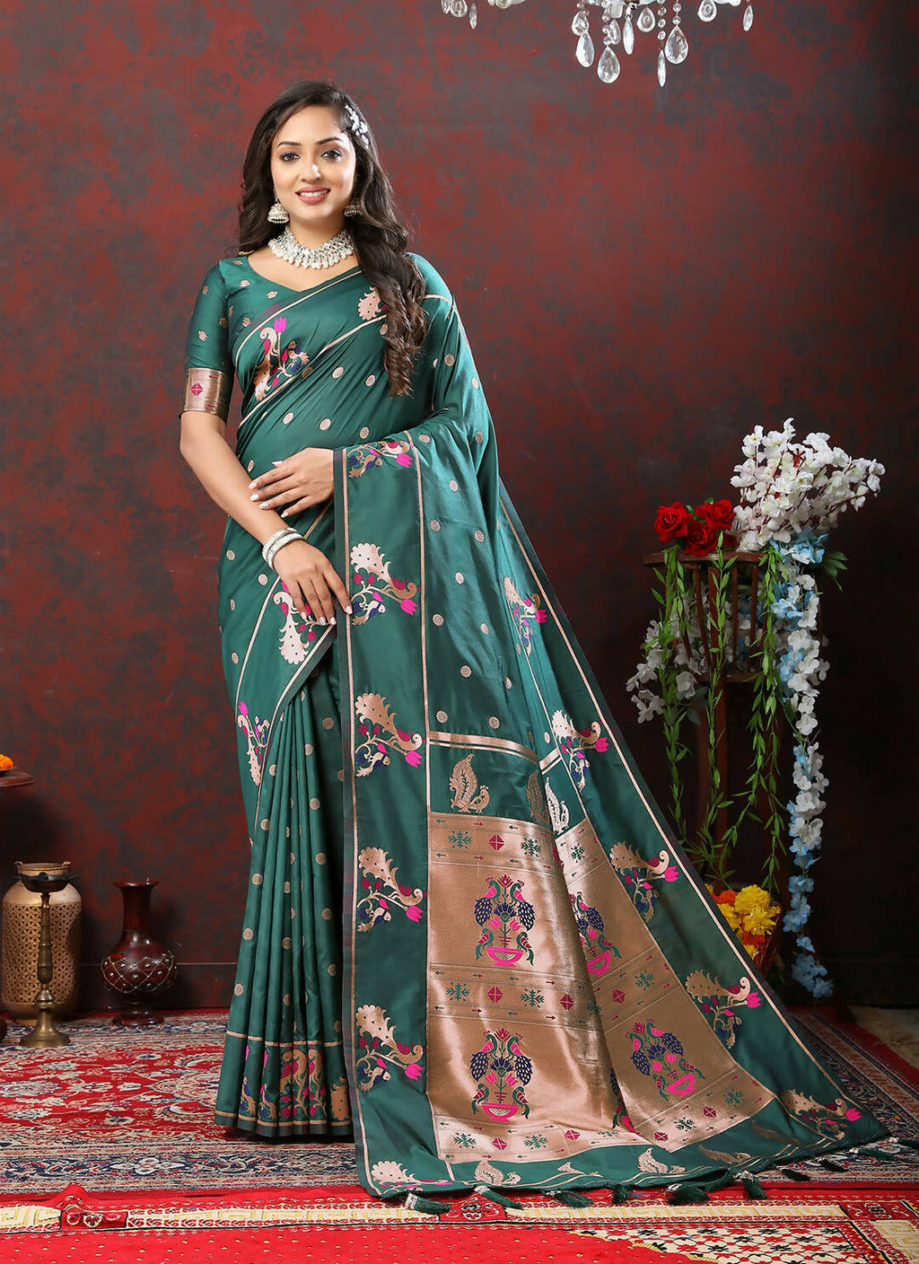 Lorenvalley Fashion Green Soft Paithani Silk Woven Design Copper Zari Meenakari Weaving Saree