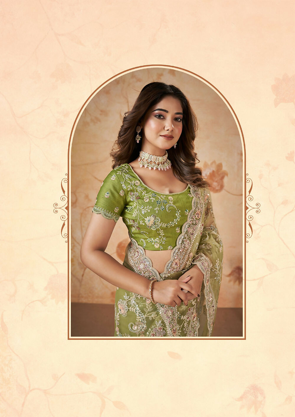 Green Net Sequence & Cord Embroidered Saree - Mohmanthan Dakshika