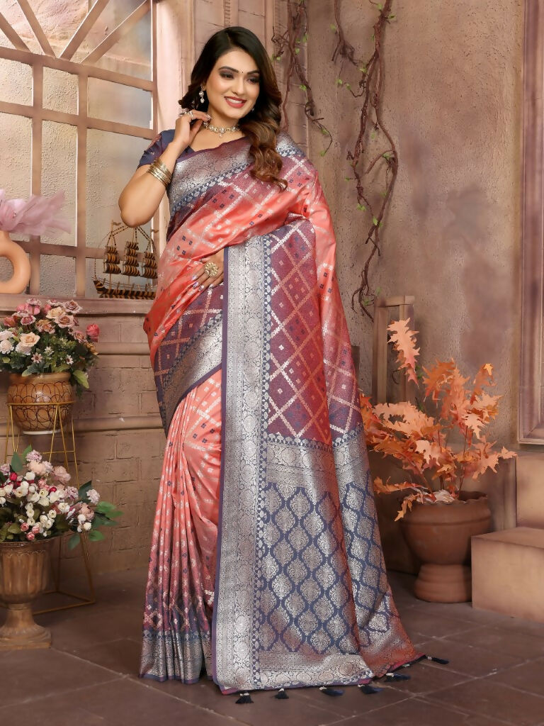 Anaita Peach kochi Silk With Beautiful Checks Weaving Saree With Blouse