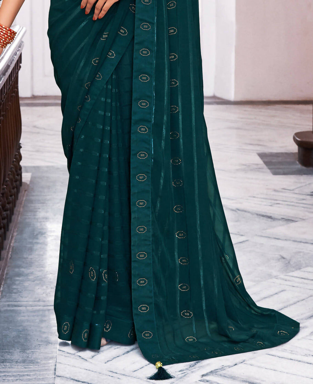 Teal Georgette Swaroski Work Saree With Unstitched Blouse Piece - Juhi