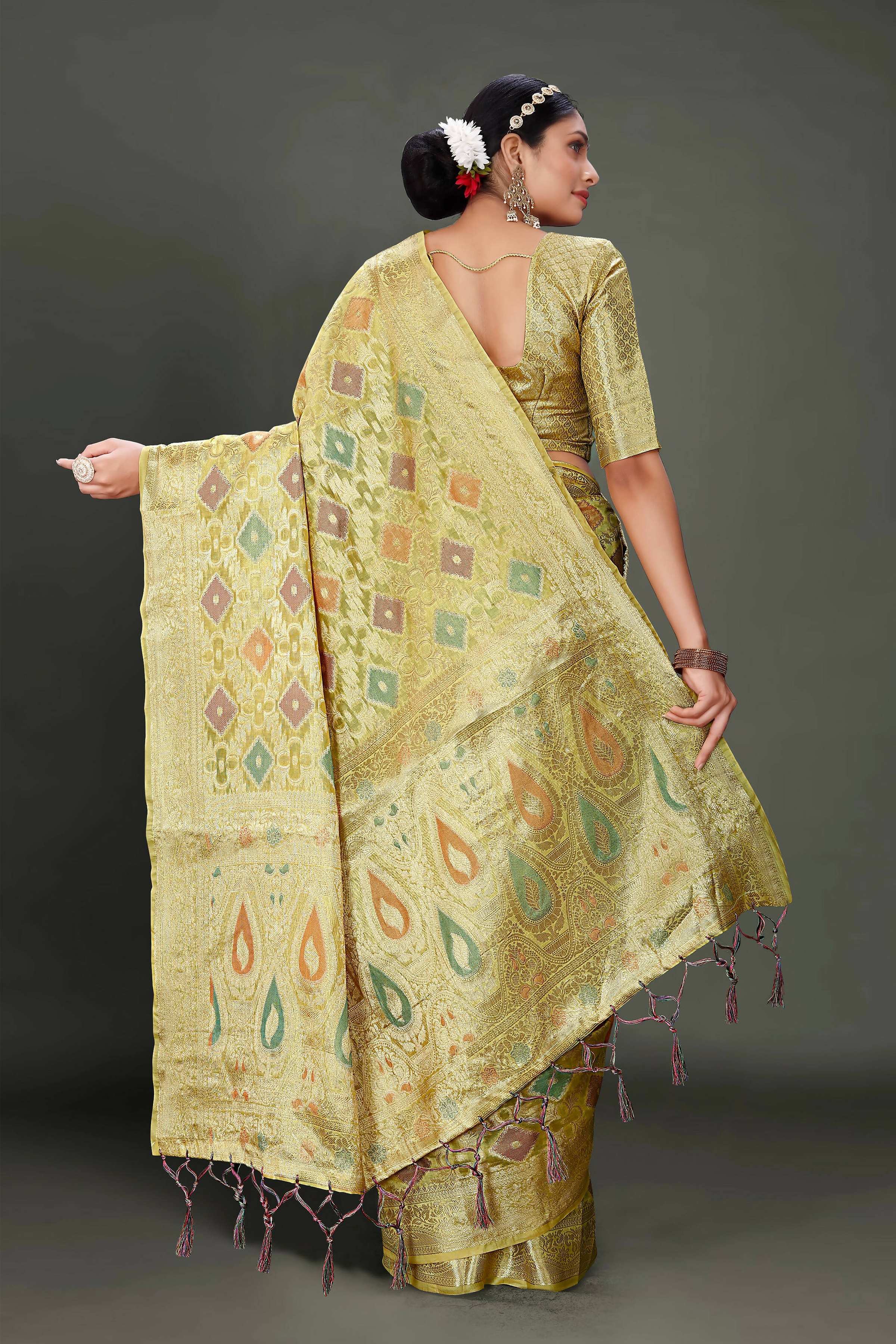 Olive Soft Organza Woven Design Saree With Unstitched Blouse Piece - Zaara