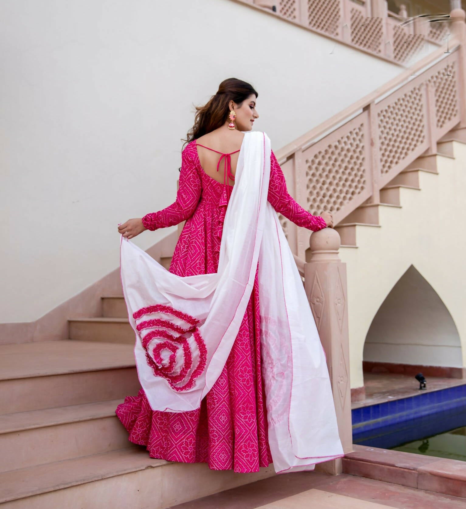 Pink Pure Maslin Bandhej Print Work Stitched Suit With Dupatta - Anbazaar