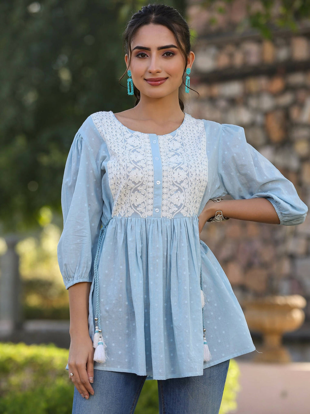 Juniper Women's Blue Cotton Dobby Solid With Embroidered Straight Tunic