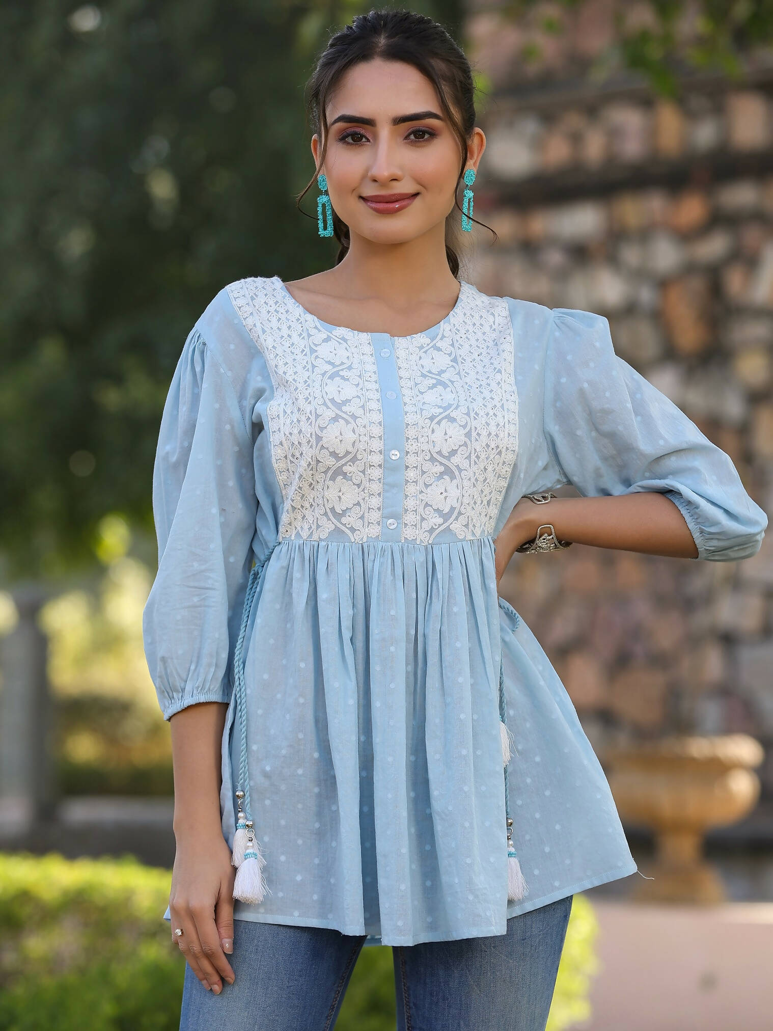 Juniper Women's Blue Cotton Dobby Solid With Embroidered Straight Tunic