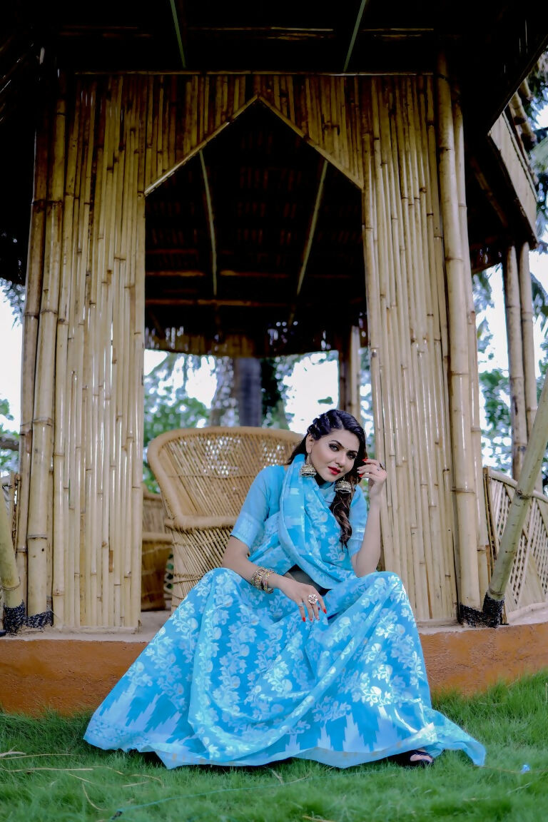 Partywear Designer Sky Blue Jamdani contton Fancy Saree - Starwalk