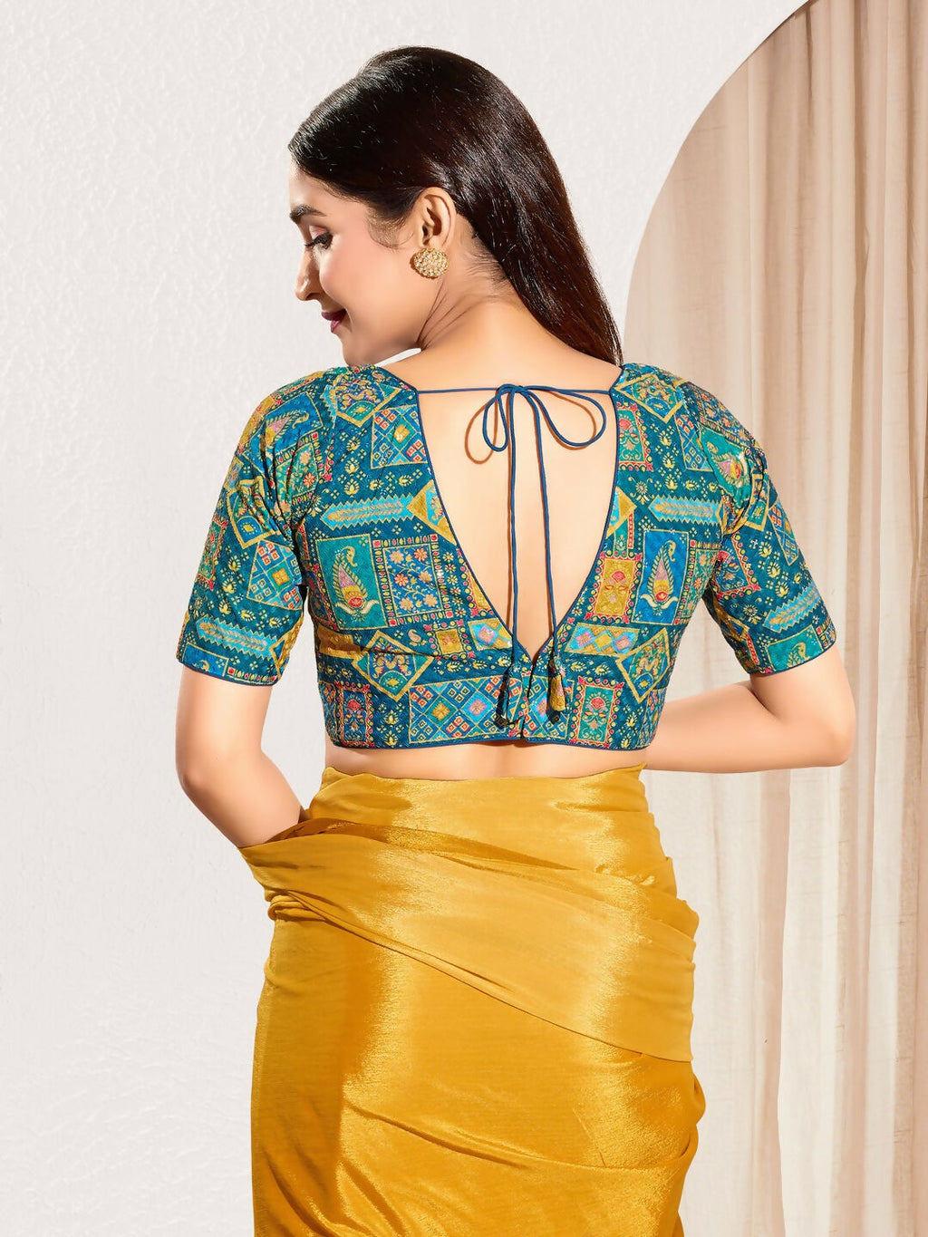 Joban Fashion Fire Blue Viscose Rayon Padded Blouse With V Neck Elbow Sleeves