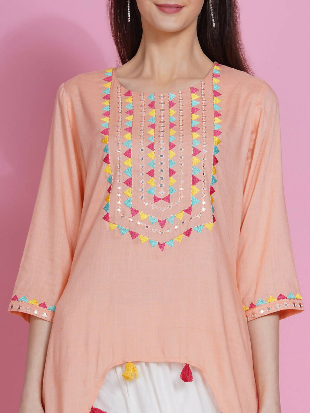 Women Republic Peach Rayon Embroidered Kurta With Mirror Work And Tulip Pants