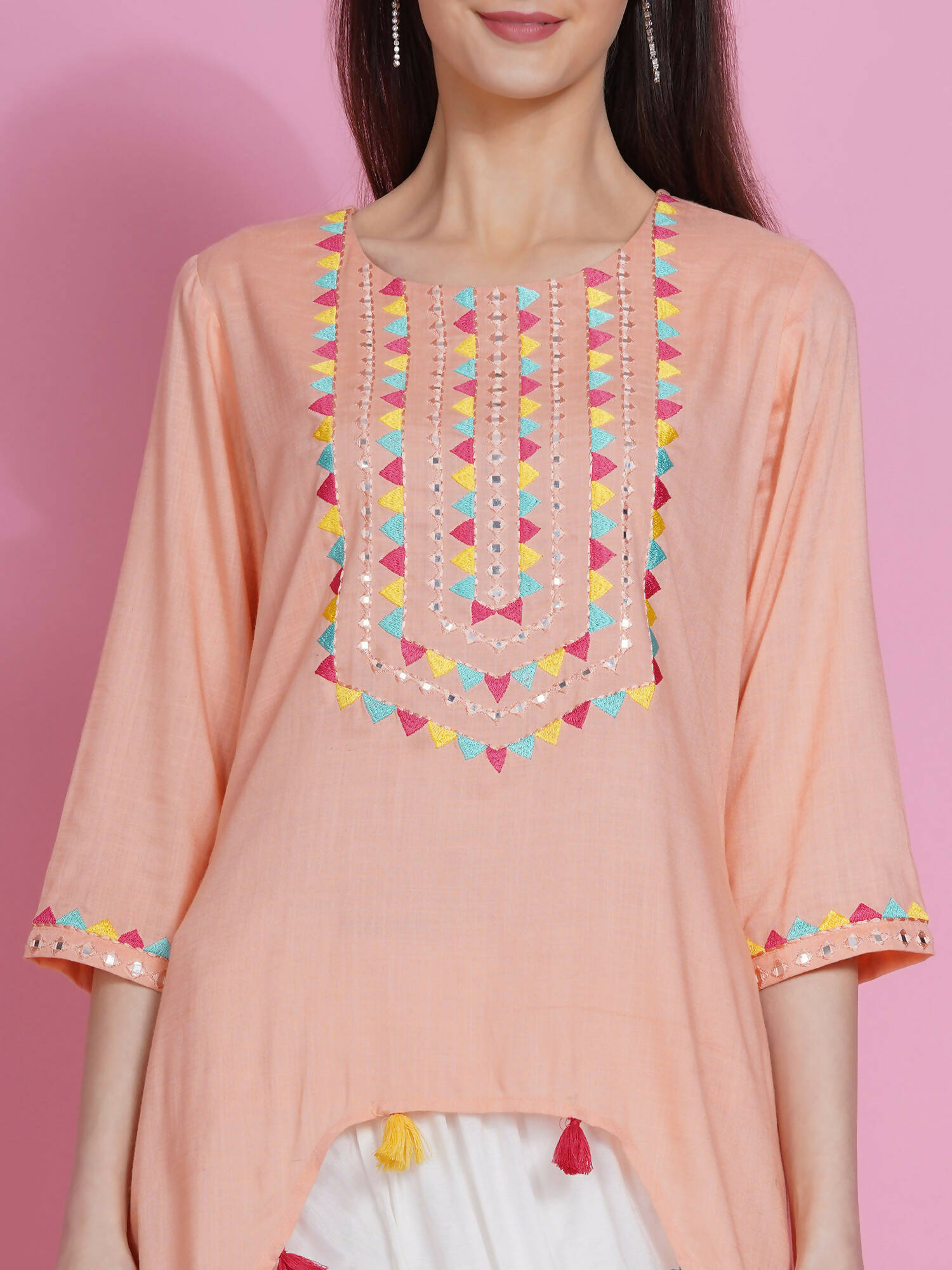 Women Republic Peach Rayon Embroidered Kurta With Mirror Work And Tulip Pants