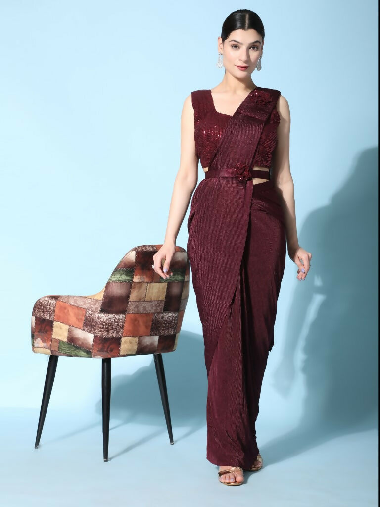 Maroon Imported Crush Lycra Texture Pattern Ready to Wear Saree with stitched Blouse - Nirvana