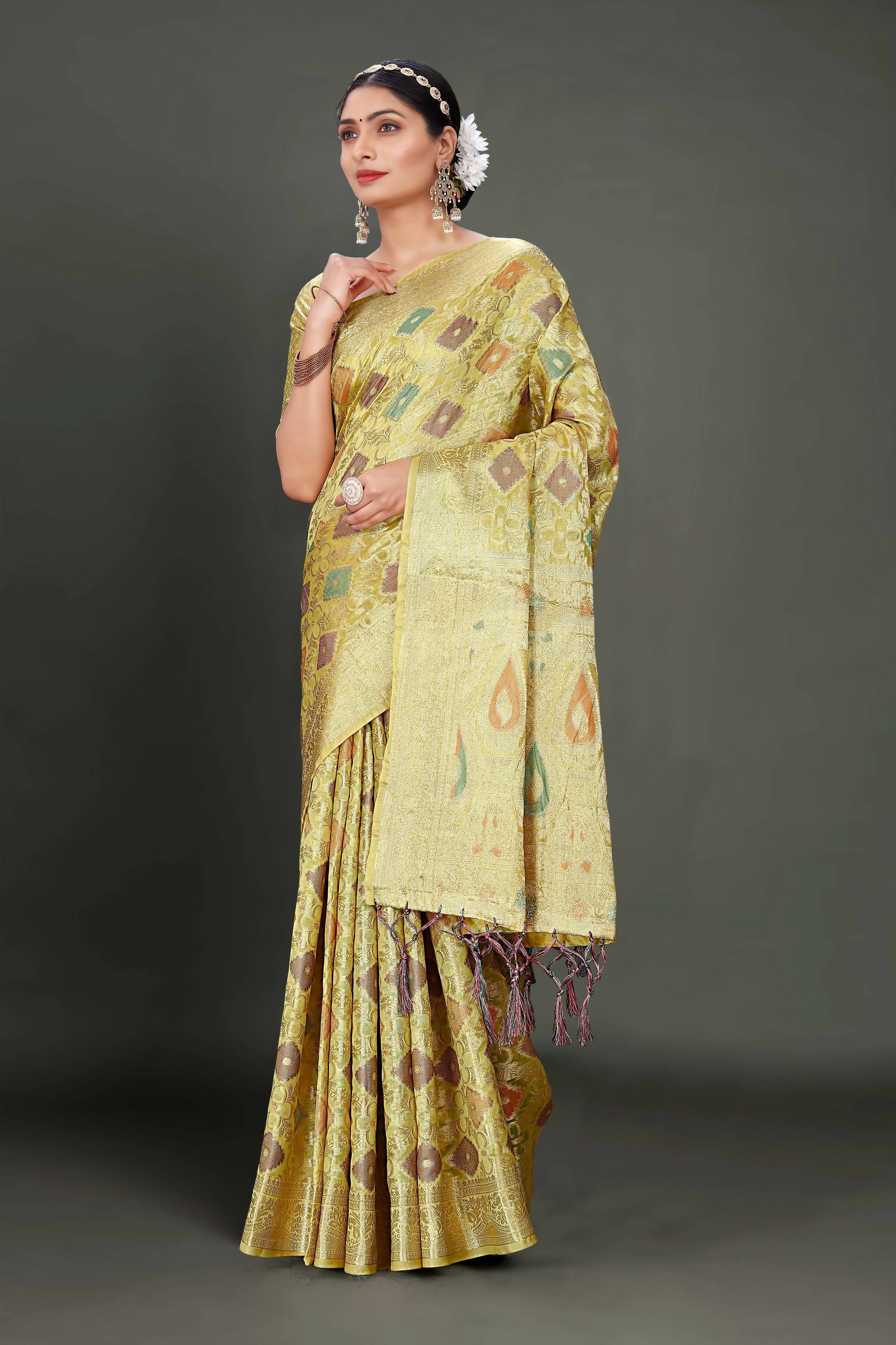 Olive Soft Organza Woven Design Saree With Unstitched Blouse Piece - Zaara