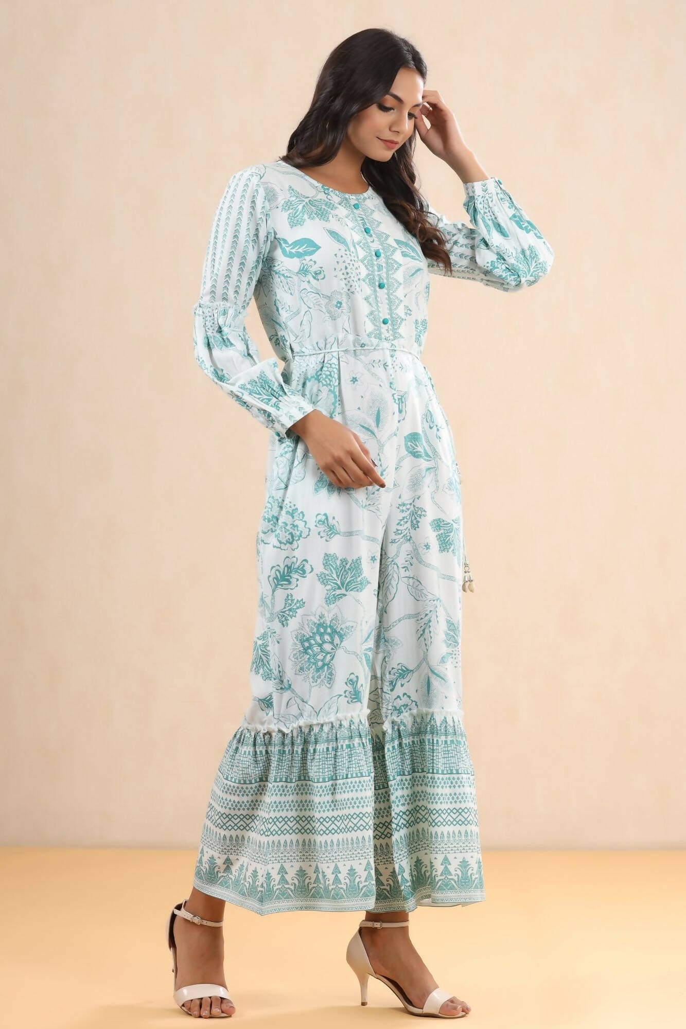 Juniper Women Teal Rayon Printed Straight Jumpsuit