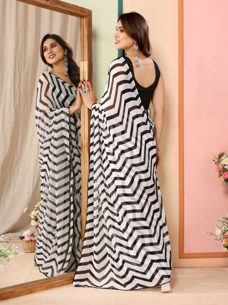 Partywear Designer Black & White Georgette Fancy Saree - Satrangi