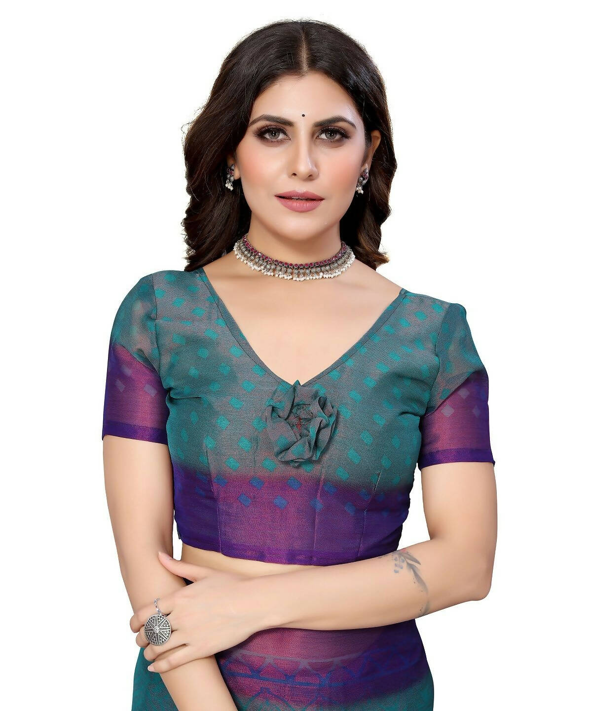 Vamika Rama Green Chiffon Brasso Bollywood Style Woven Saree (BAMBI RAMA)