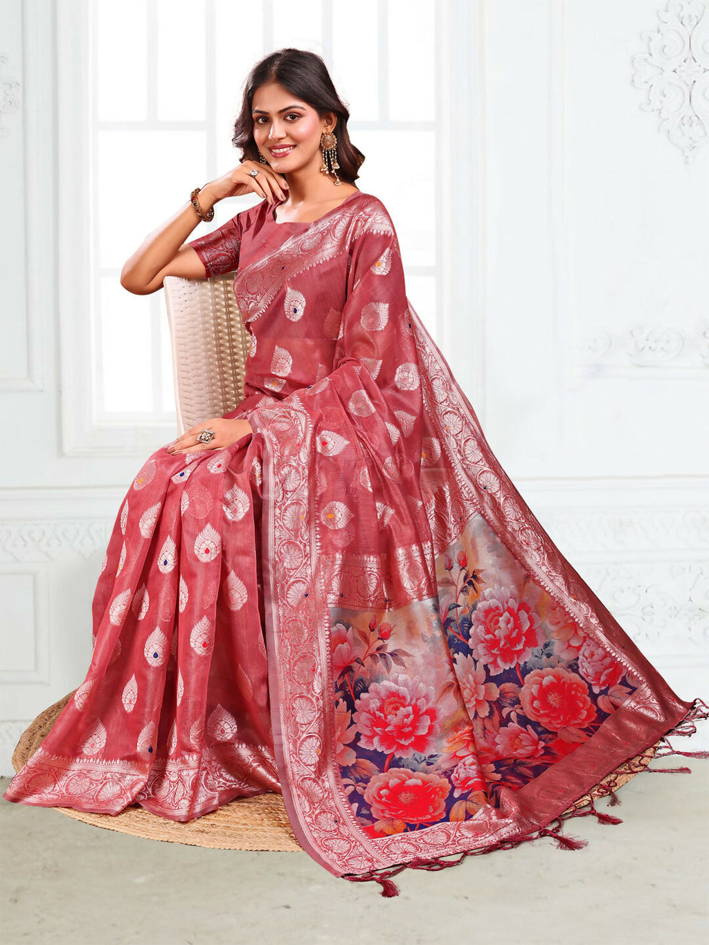 Shree Shyam Fashion Linen Cotton Rust Saree