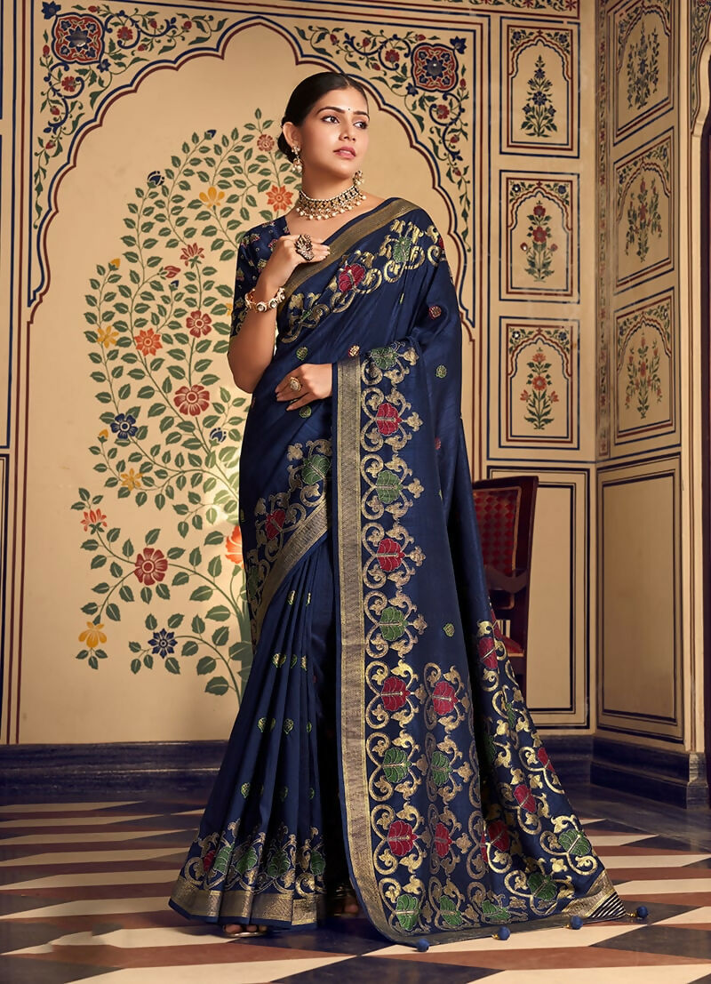 Monjolika Fashion Navy Blue Silk Blend Banarasi Zari Work Classic Saree