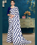 Blue Japan Satin Stripe Printed Saree With Unstitched Blouse Piece - Laavanya