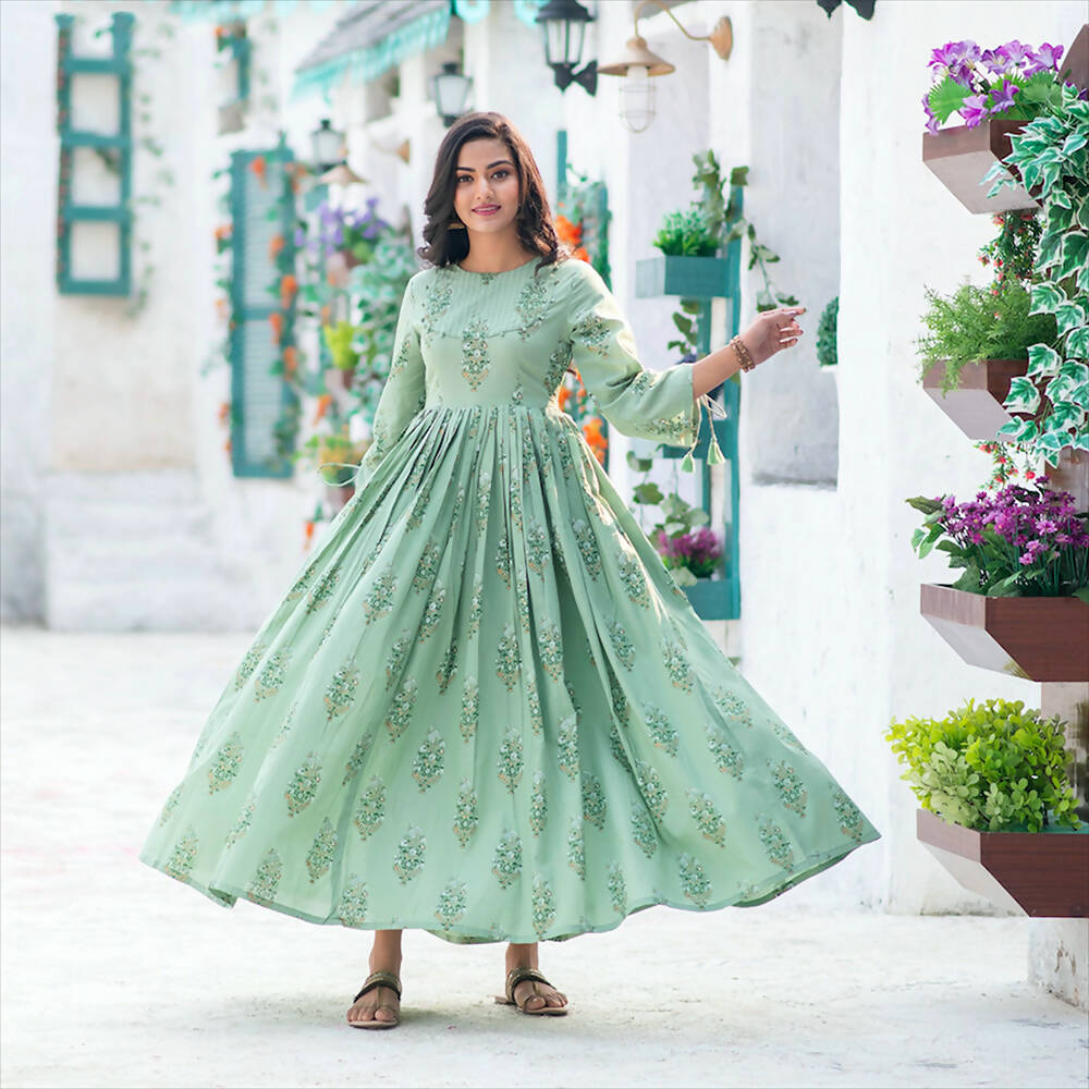 Partywear Designer Digital Printed Moss Green Pure Maslin Gown - Anbazaar