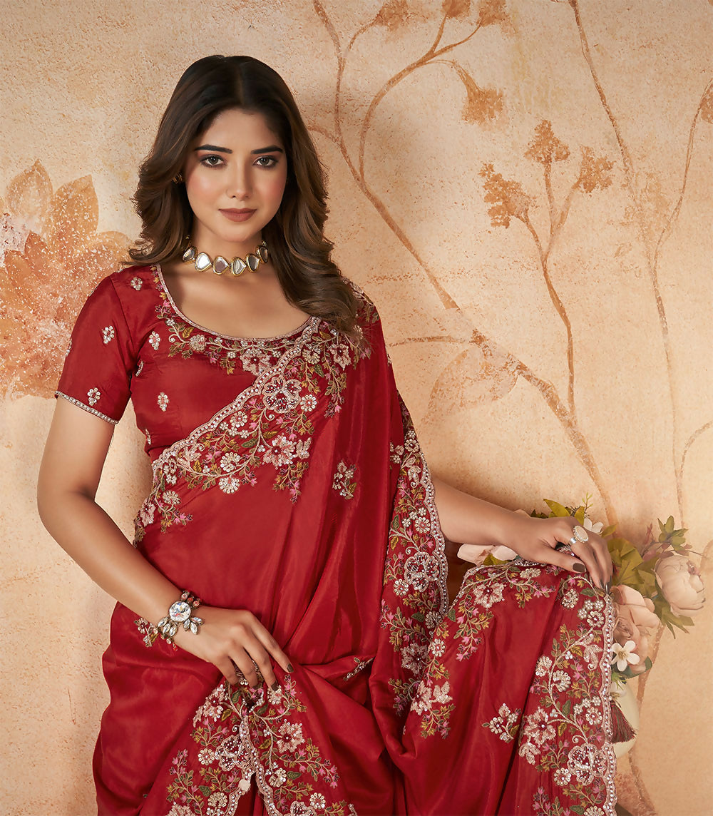Red Upada Silk Sequence & Cord Embroidered with Stone Work Saree - Mohmanthan Dakshika