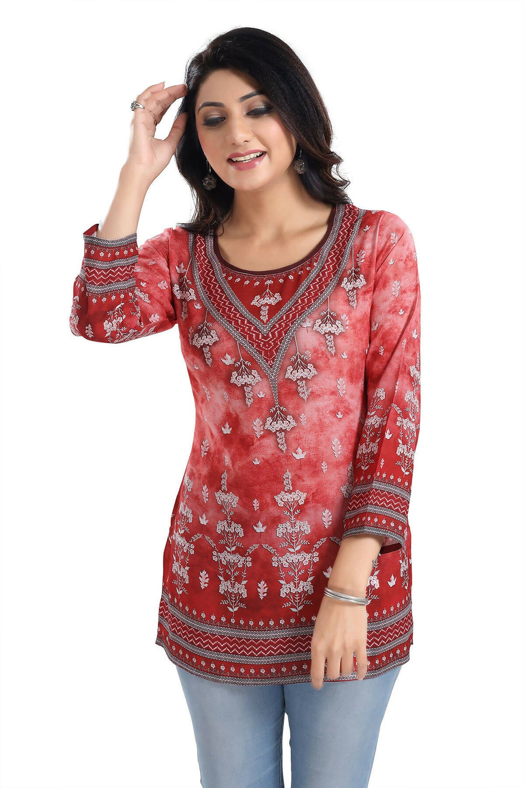 Snehal Creations Rustic Rust Faux Crepe Printed Short Kurti Tunic Top