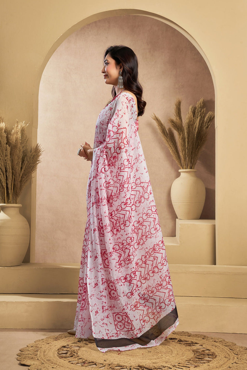 Vastranavya White Red Digital Printed Linen Ready To Wear Designer Saree with Unstitched Blouse