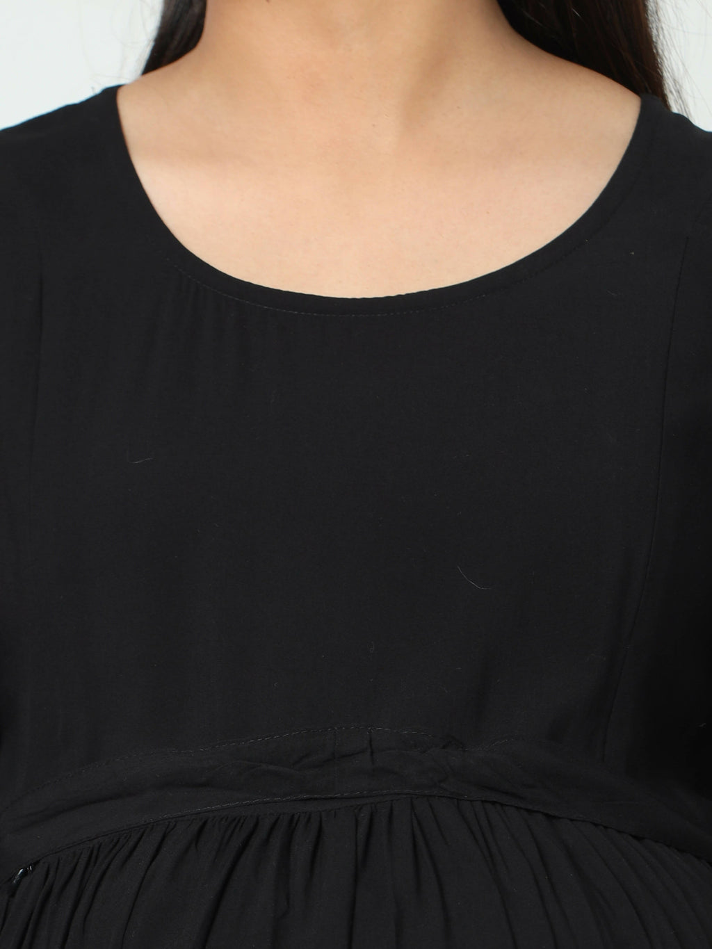 Manet Maternity Frill Slevee Solid Dress With Concealed Zipper Nursing Access - Black