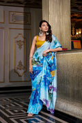 Vastranavya Sea Blue Satin Silk Printed Saree with Hotfix Work Unstitched Blouse