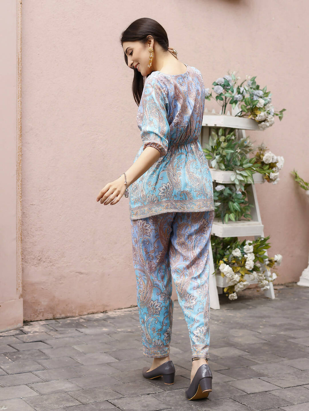 Light Blue Rayon Paisley Printed Top with Matching Bottom - Eesha