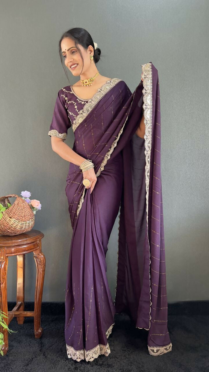 Vastranavya Purple Georgette Silk Swarovski & Heavy Lace Work Ready to Wear Saree