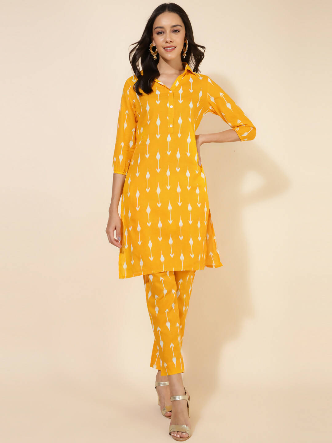 Janasya Women's Yellow Cotton Ikkat Printed Casual Straight Co-ords