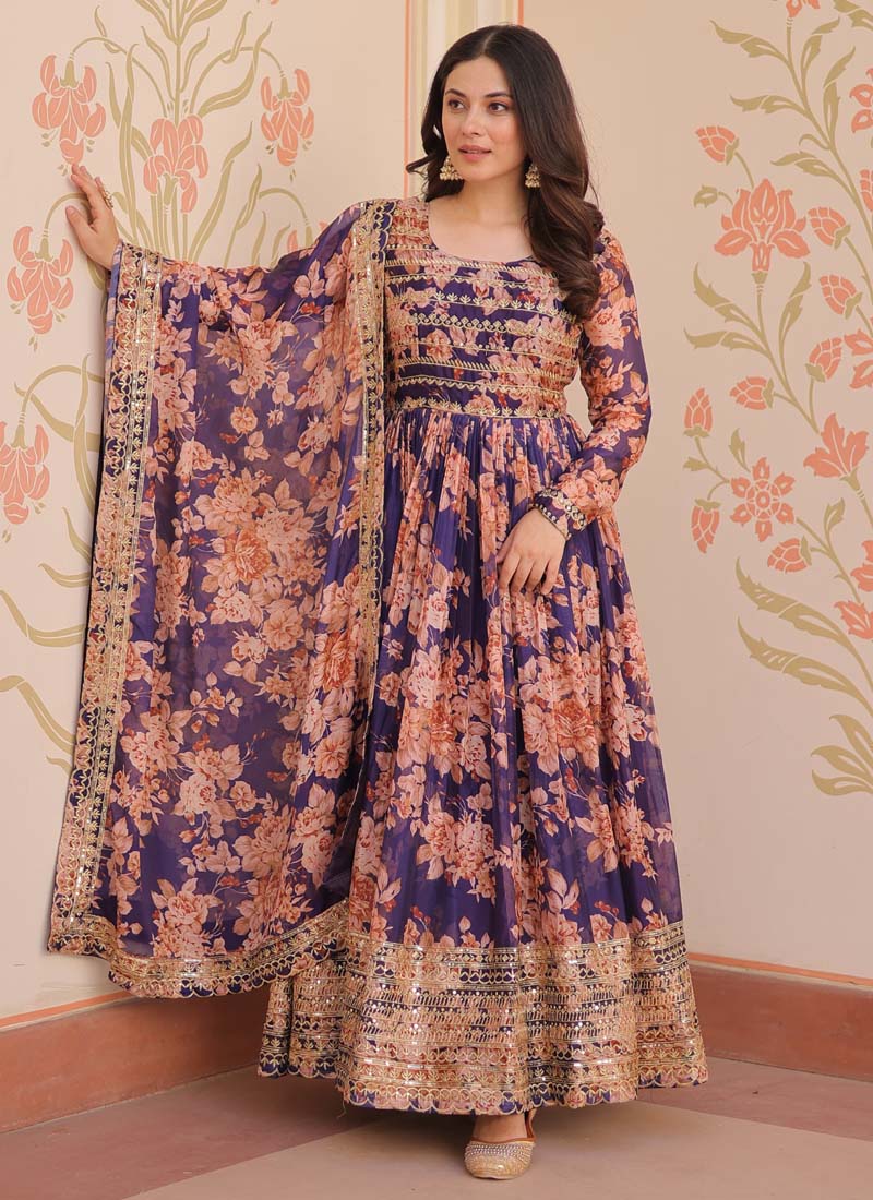 Prazu Fashion Purple Russian Silk Embroidered Gown With Dupatta