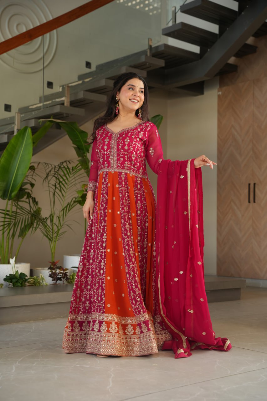 Prazu Fashion Pink Georgette With Zari & Sequins Gown