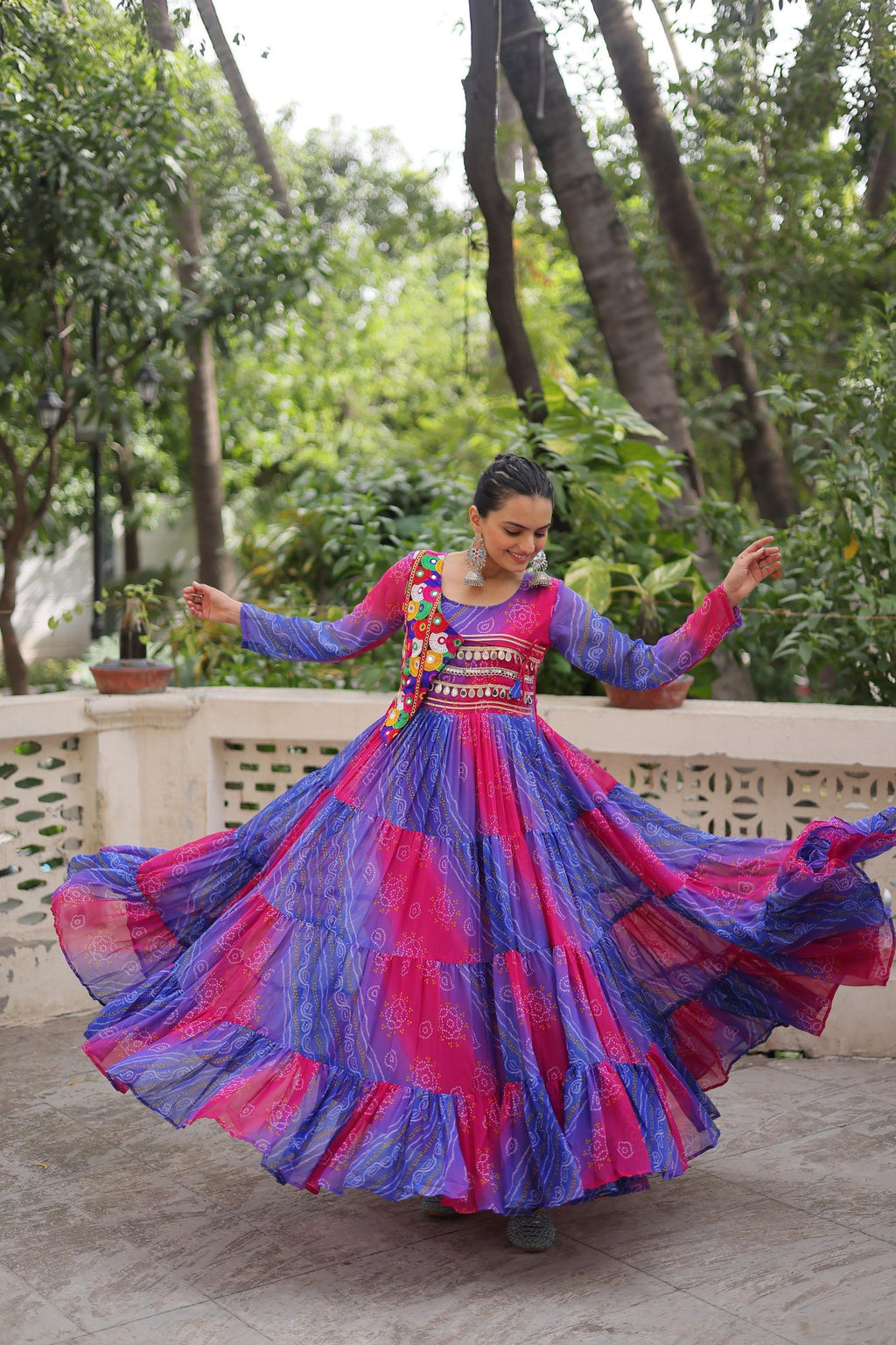 Prazu Fashion Blue Georgette Leheriya & Bandhej Print With Kutchi Work Navratri Gown