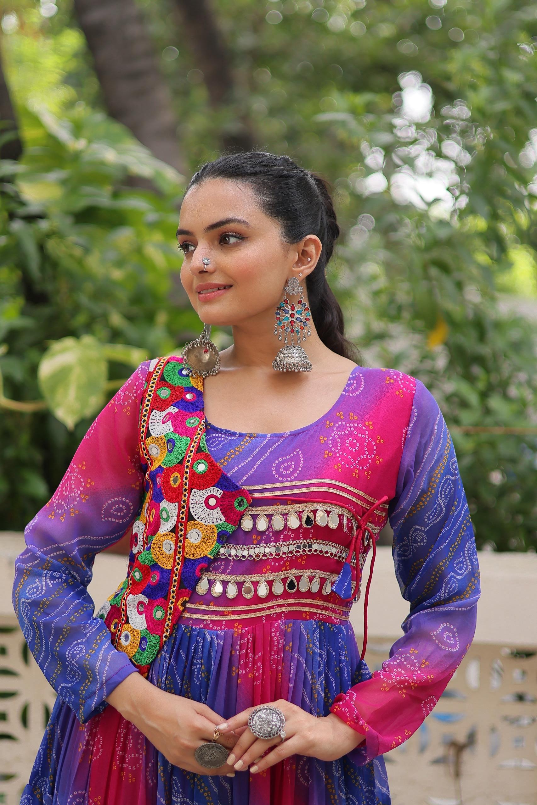 Prazu Fashion Blue Georgette Leheriya & Bandhej Print With Kutchi Work Navratri Gown