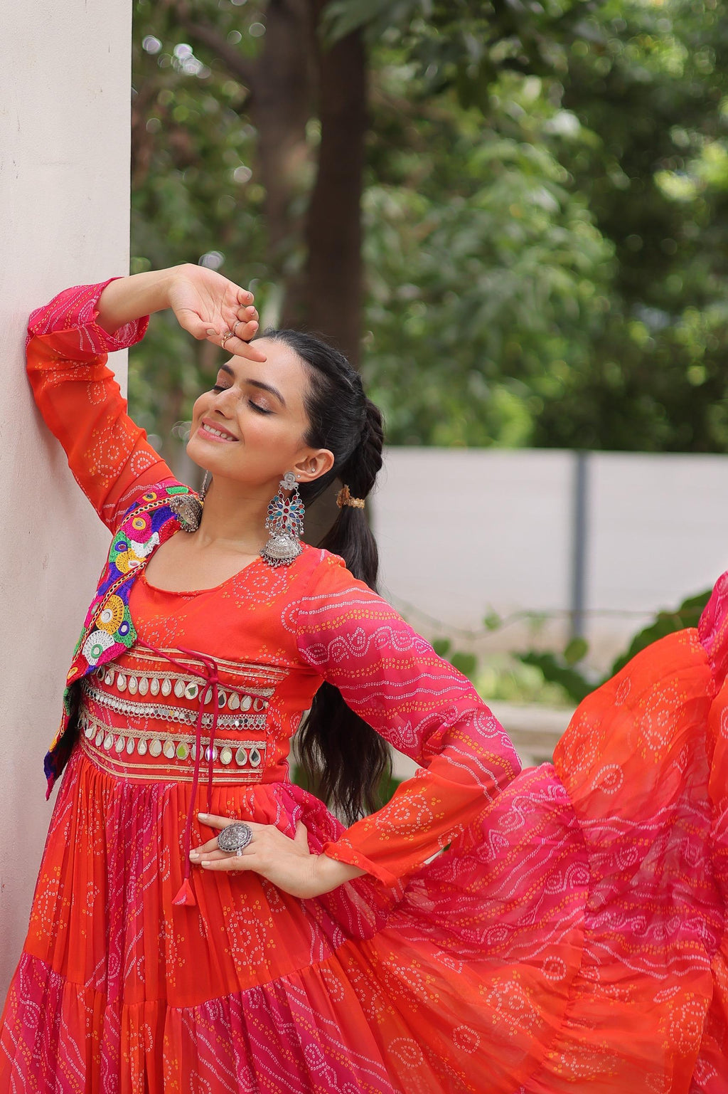Prazu Fashion Red Georgette Leheriya & Bandhej Print With Kutchi Work Navratri Gown