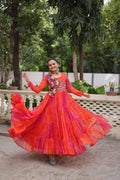 Prazu Fashion Red Georgette Leheriya & Bandhej Print With Kutchi Work Navratri Gown
