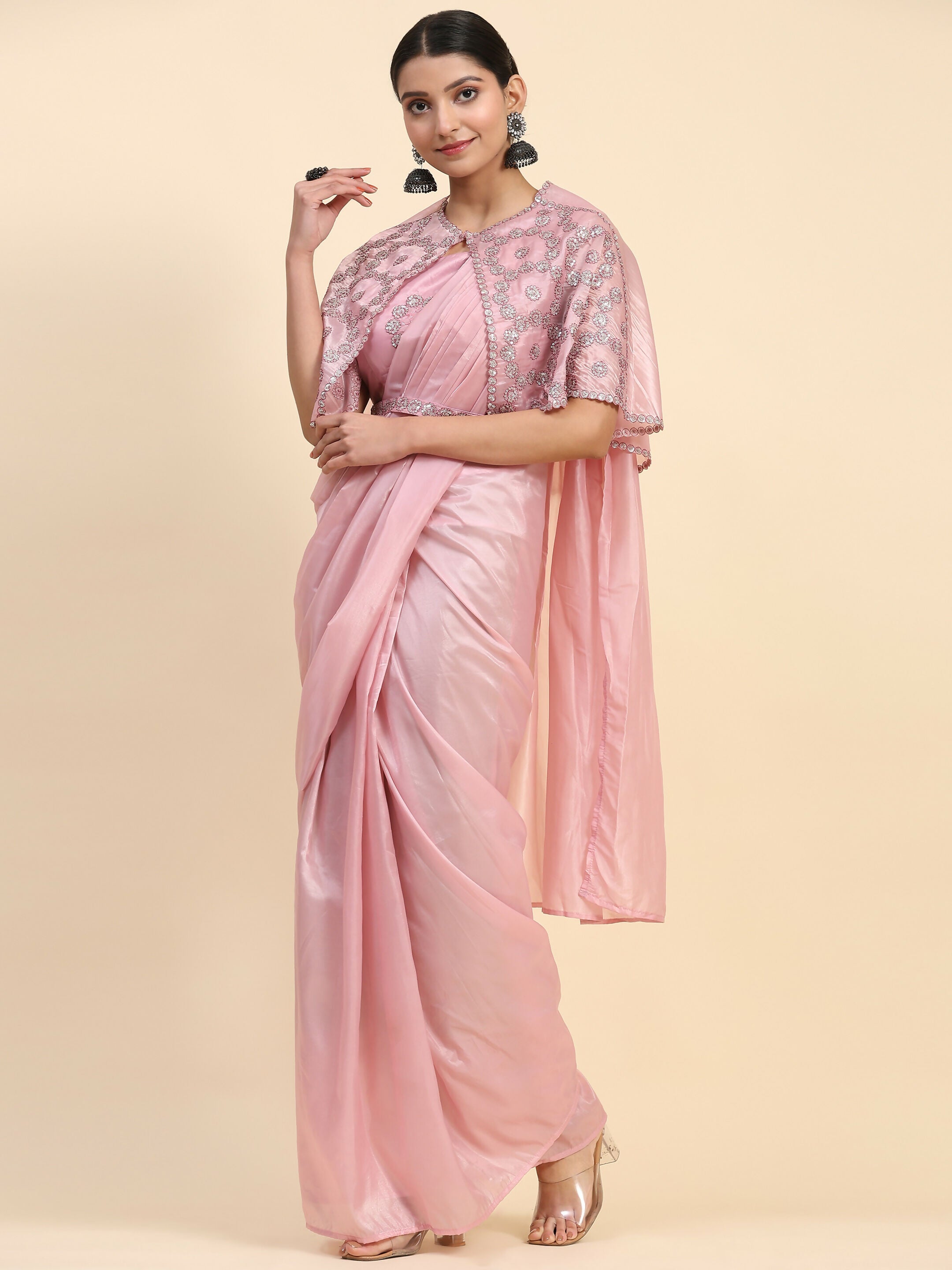 Pink Satin Solid Ready to wear Saree with stitched Blouse - Vanita