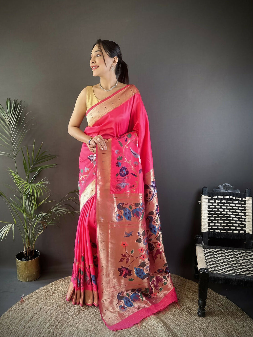 Joban Fashion Pink Floral Paithani Sarees