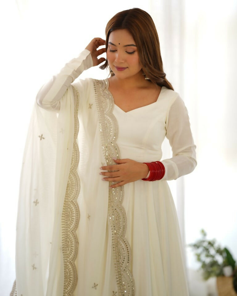 Teeya Creation White Color Pure Roman Silk Chanderi Party Wear Fully Stitched Gown