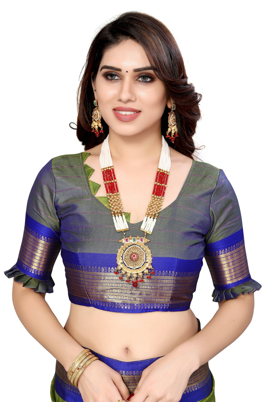 Vamika Weaving Parrot Green Cotton Silk Saree