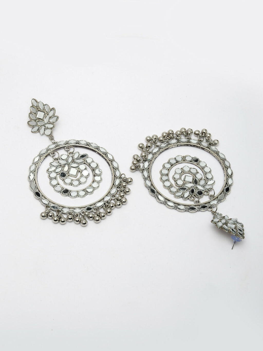 NVR Women's Silver-Toned Mirror Work Oxidised Contemporary Drop Earrings